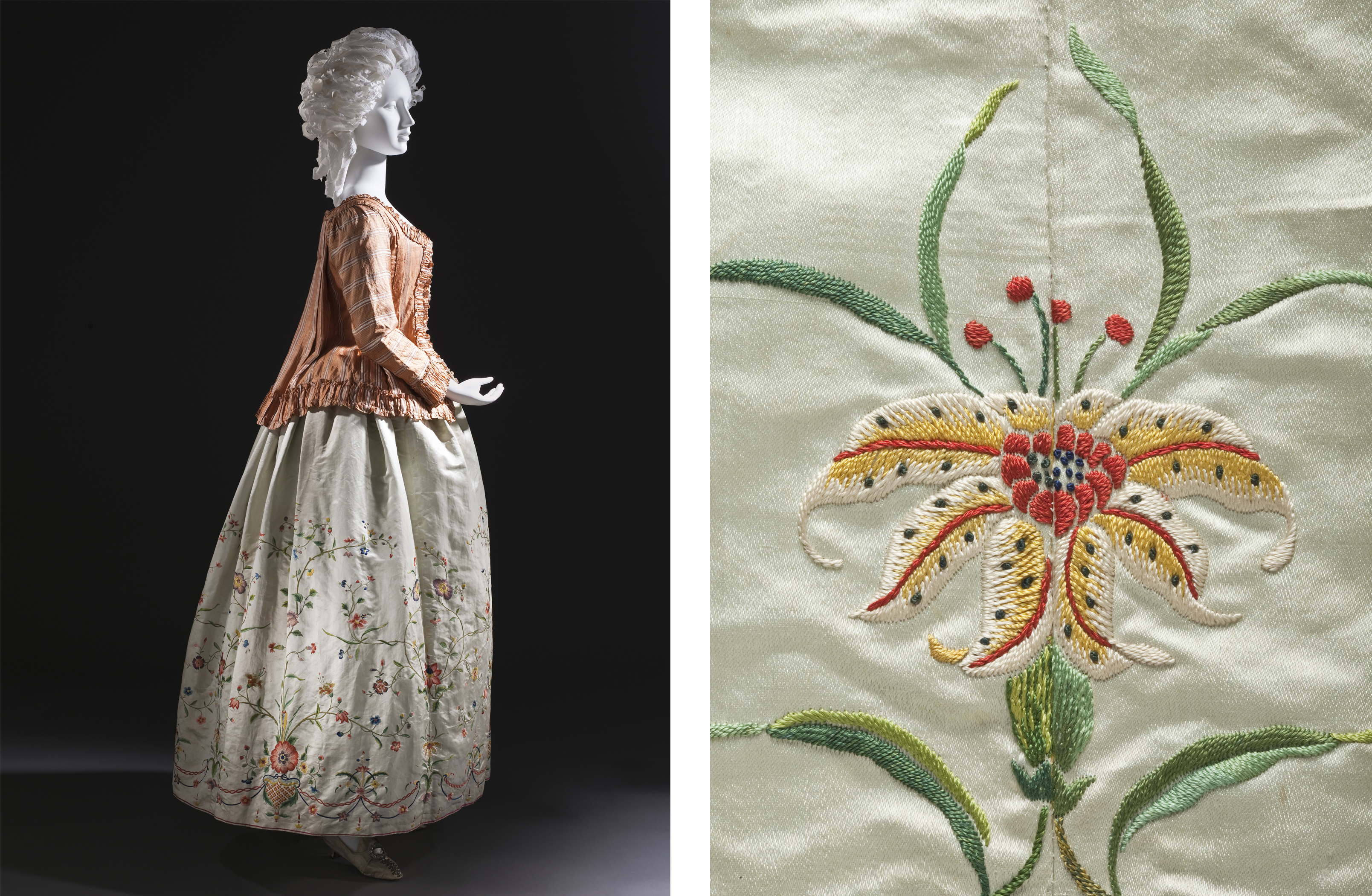 Woman's Petticoat (left: overall; right: detail), China for the Western market, c. 1785, Los Angeles County Museum of Art, purchased with funds provided by Suzanne A. Saperstein and Michael and Ellen Michelson, with additional funding from the Costume Council, the Edgerton Foundation, Gail and Gerald Oppenheimer, Maureen H. Shapiro, Grace Tsao, and Lenore and Richard Wayne, photos © Museum Associates/LACMA