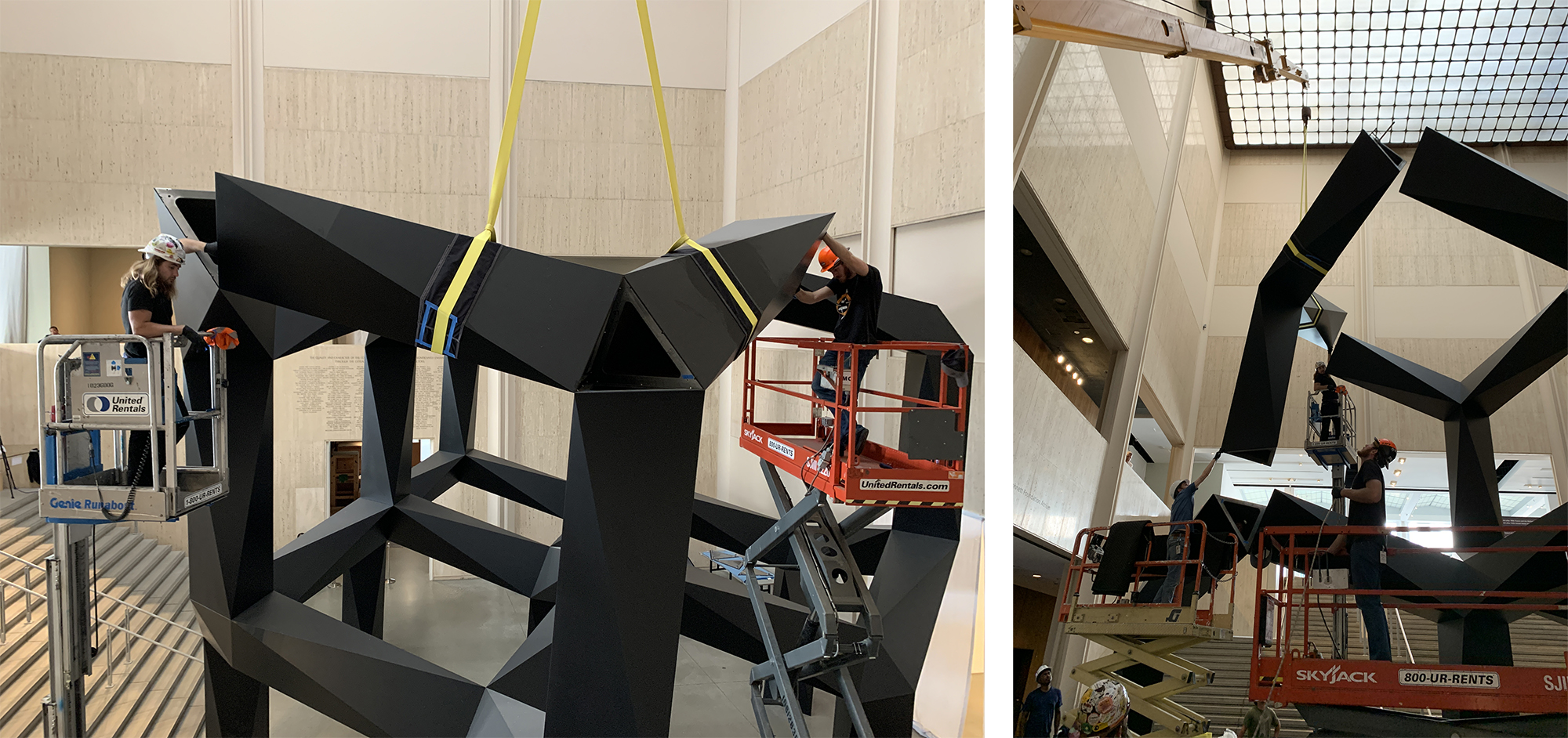 Left: Peter Rybchenkov (left) and Tyler Warren (right) on lifts wrapping slings around Smoke; Right: The first section is removed