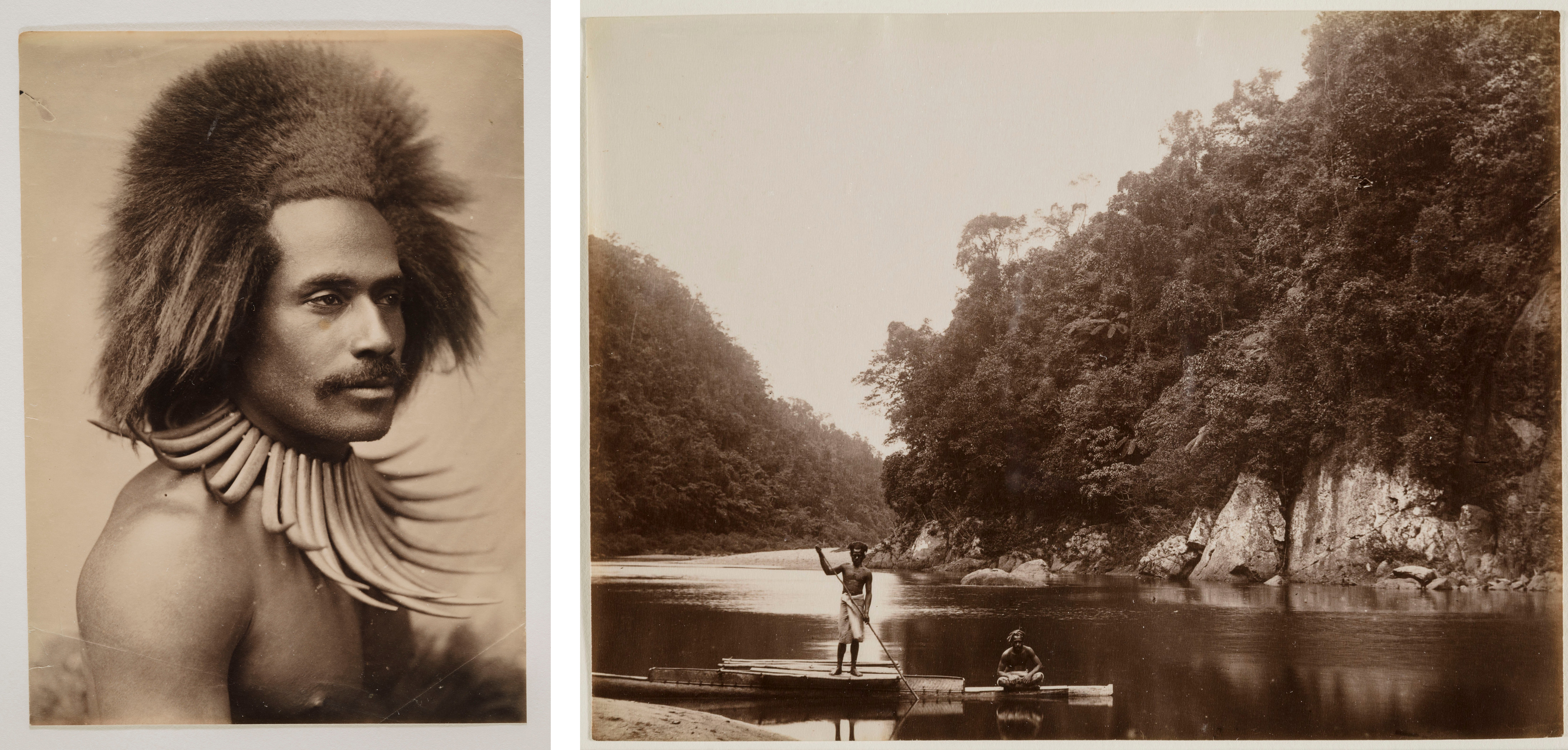 Left: Image of a Fijian Warrior wearing a Whale Tooth Necklace from the 1880s; Right: Image of two Fijians in Navua River Scene