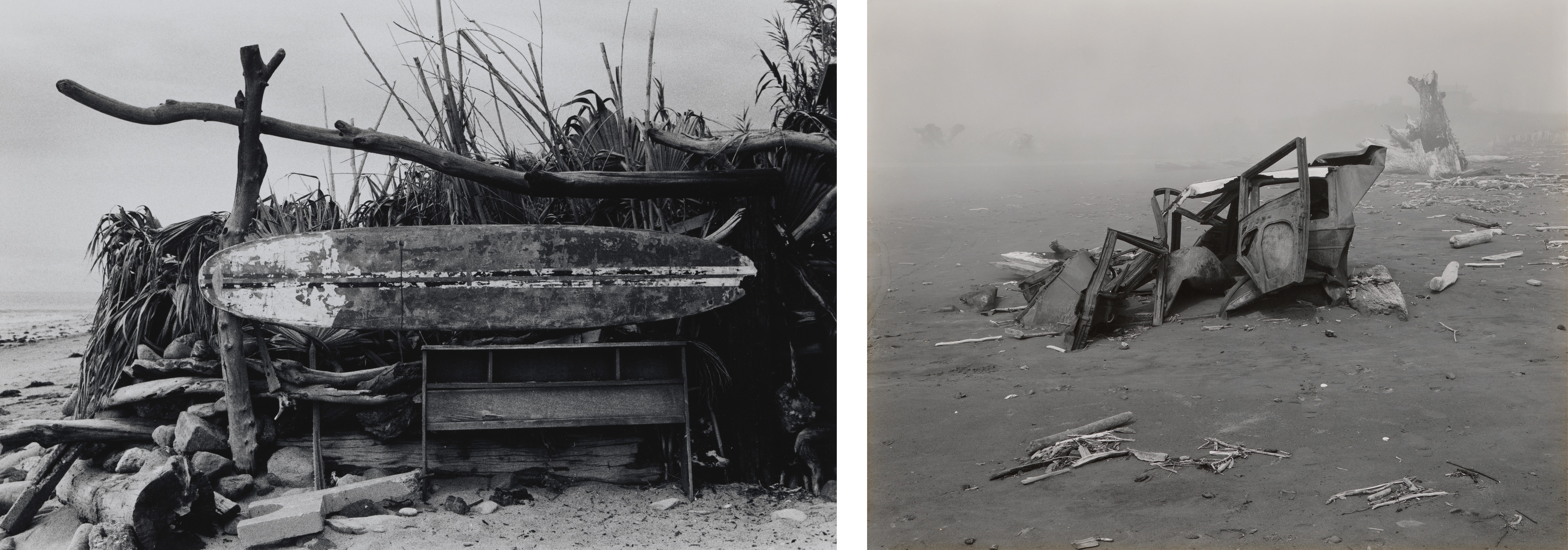 Left: Anthony Friedkin, Old Surfboard, Topanga Beach, California, 1977, Los Angeles County Museum of Art, Ralph M. Parsons Fund, © Anthony Friedkin, digital image © Museum Associates/LACMA; Right: Edward Weston, Wrecked Car, Crescent Beach, 1939, Los Angeles County Museum of Art, anonymous gift, © Center for Creative Photography, Arizona Board of Regents, digital image © Museum Associates/LACMA