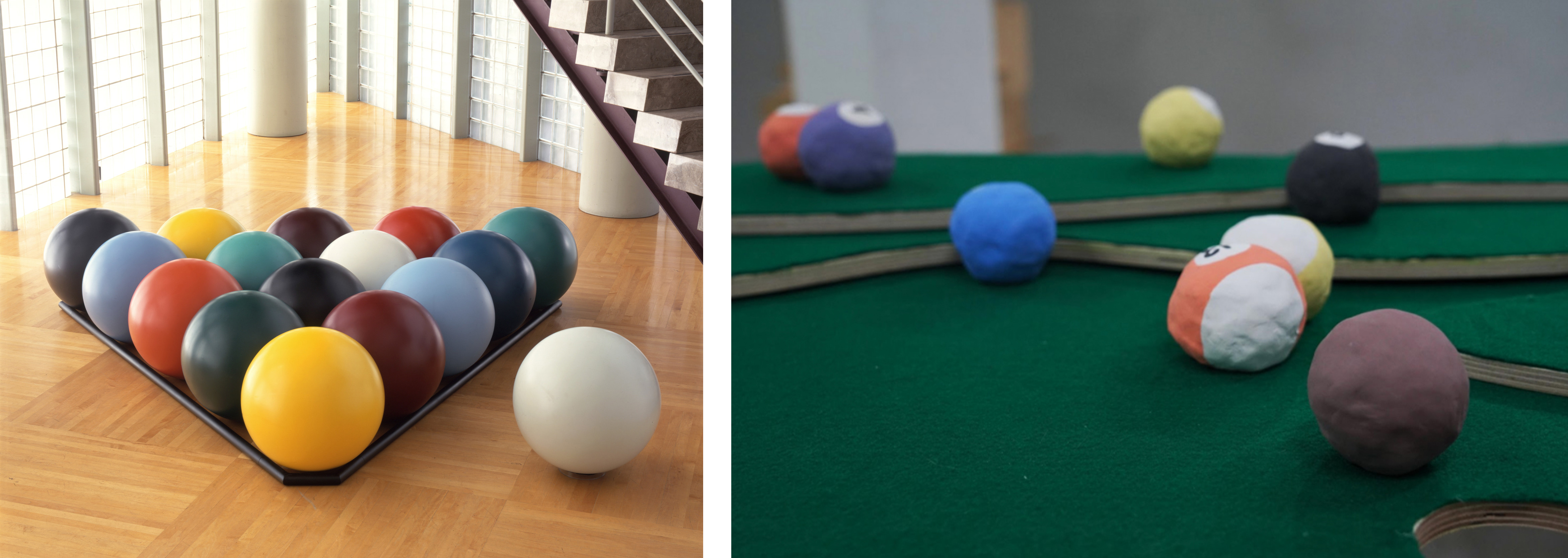 Left (LACMA selection): Claes Oldenburg, Giant Pool Balls, 1967, Los Angeles County Museum of Art, anonymous gift through the Contemporary Art Council, © Claes Oldenburg, photo © Museum Associates/LACMA; Right (Artist work): Manyu Gao, Bowl and Pool—Pool Table (detail), 2019, photo courtesy of the artist