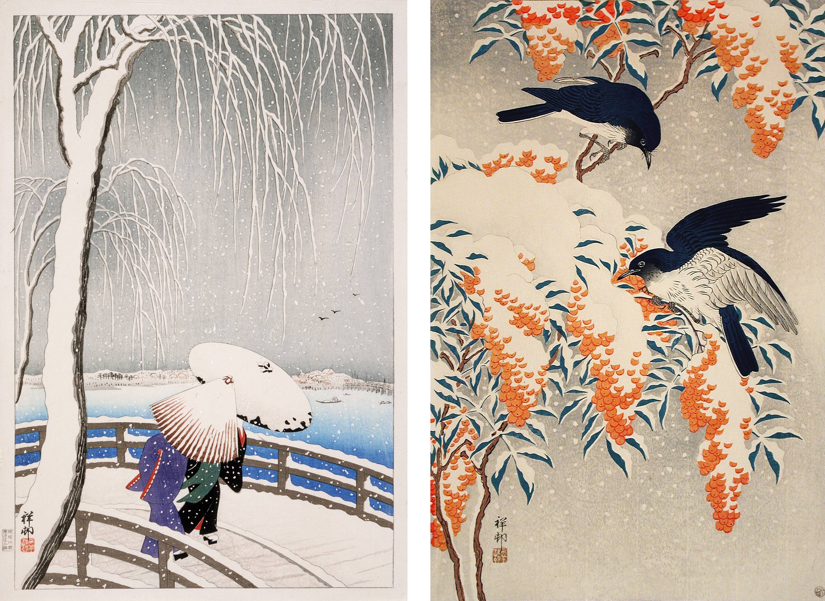 Left: Ohara Shōson, Snow on Willow Bridge, 1927, Los Angeles County Museum of Art, gift of Carl Holmes, photo © Museum Associates/LACMA; Right: Ohara Shōson, Nandina and Flycatchers in Snow, 1929, Los Angeles County Museum of Art, gift of Chuck Bowdlear, PhD, and John Borozan, MA, photo © Museum Associates/LACMA