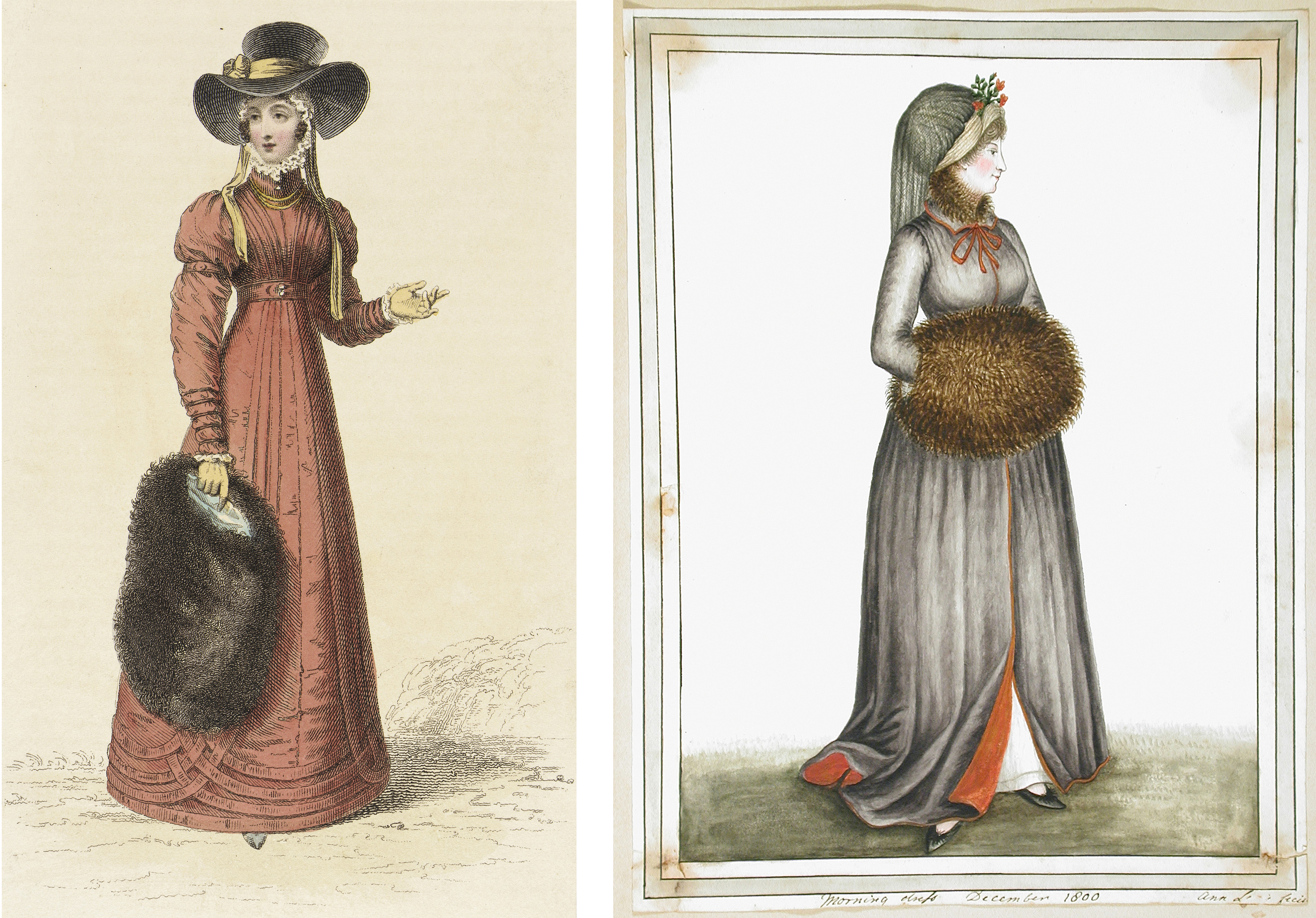 Left: Rudolph Ackermann, Fashion Plate, ‘Promenade Dress’ for ‘The Repository of Arts’, February 1, 1825, Los Angeles County Museum of Art, gift of Charles LeMaire, photo © Museum Associates/LACMA; Right: Ann Frankland Lewis, Collection of English Original Watercolour Drawings: Morning Dress, December 1800, 1800, Los Angeles County Museum of Art, Costume Council Fund, photo © Museum Associates/LACMA