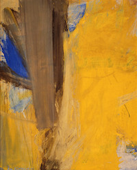 Yellow painting with blue and brown strokes on the left