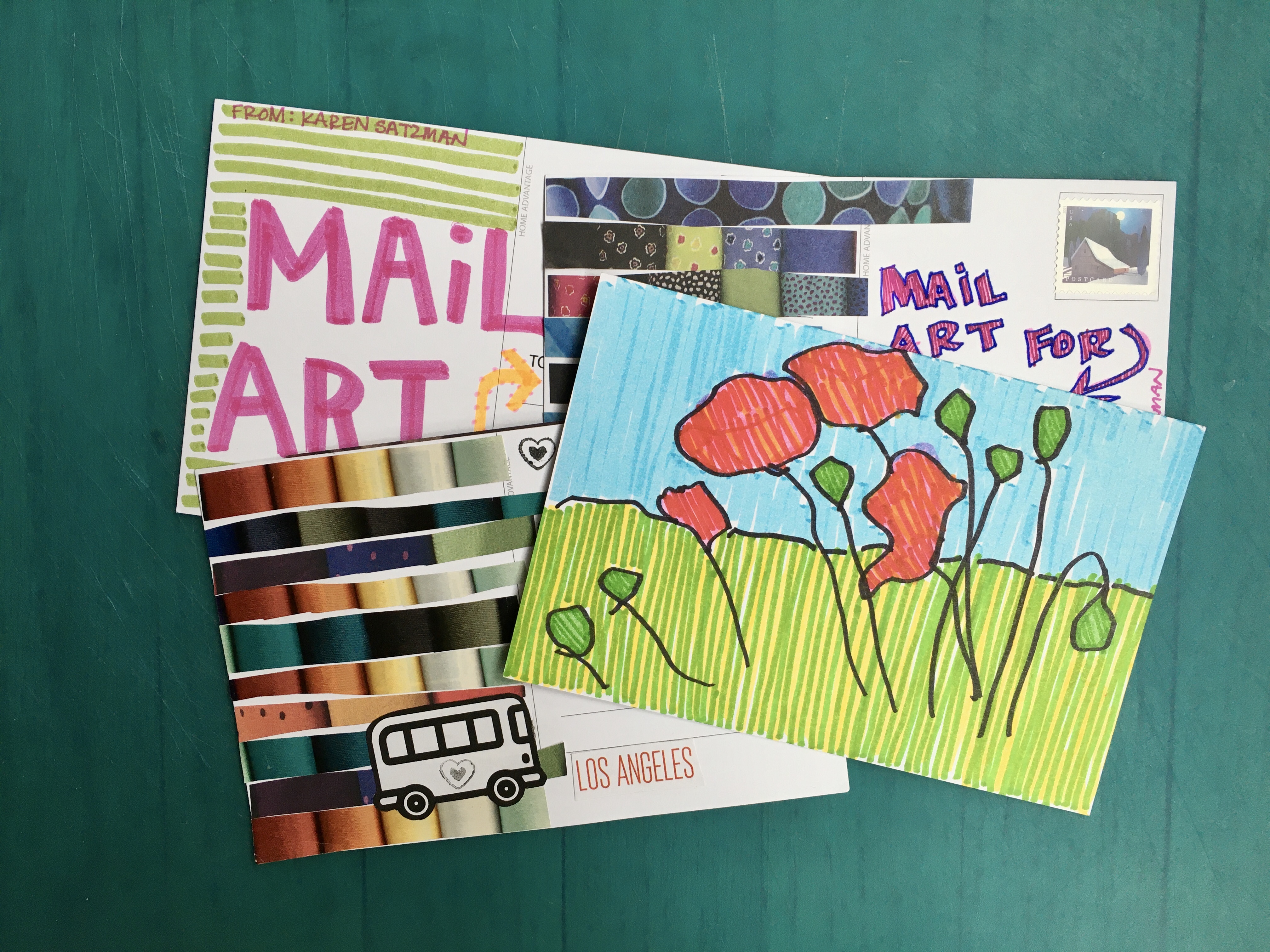Four colorful postcards