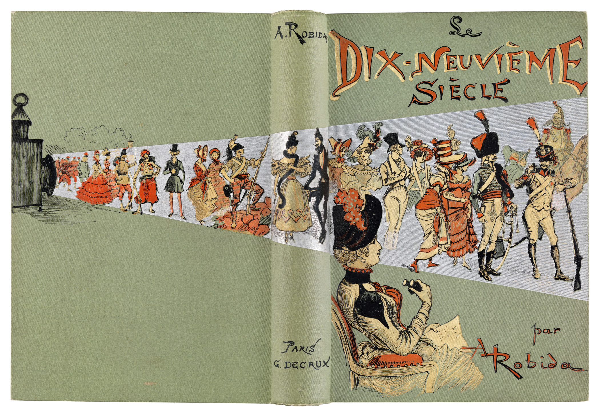 Book illustrated with figures emerging from a projector