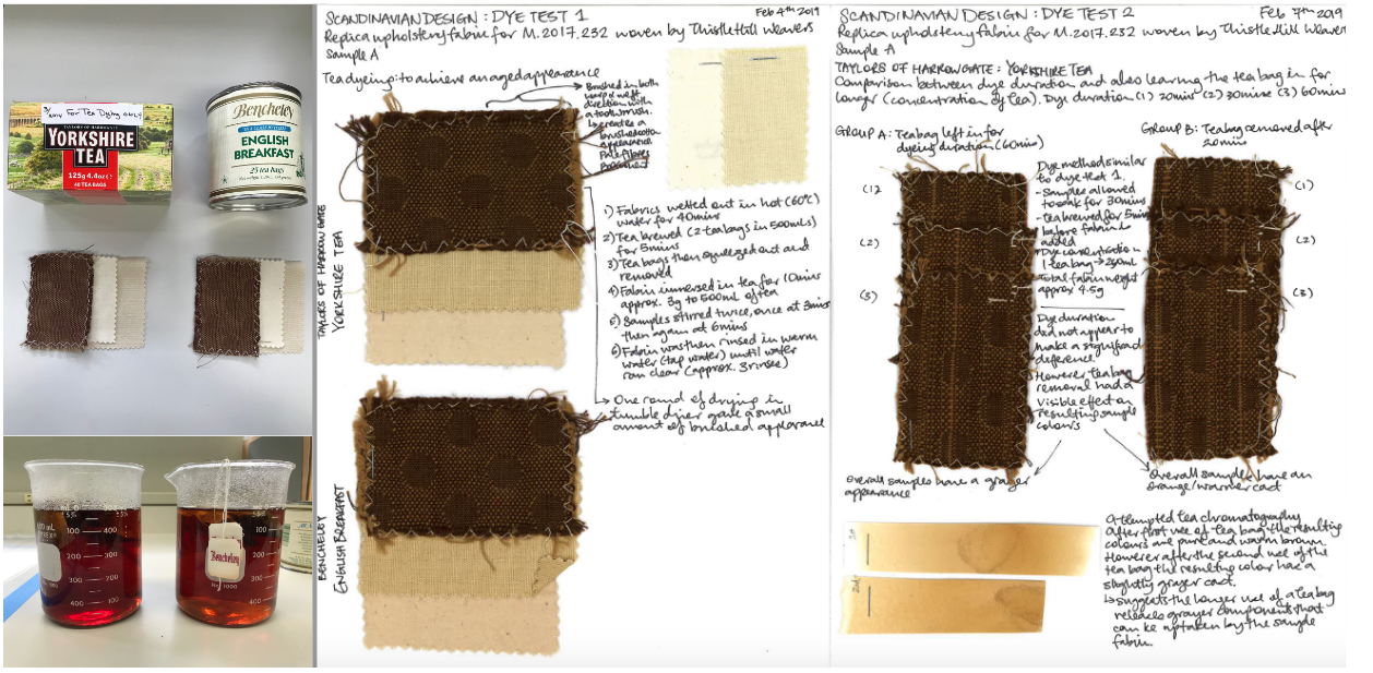 Sample “dyeing” with different black teas, photo © Museum Associates/LACMA Conservation, by Staphany Cheng