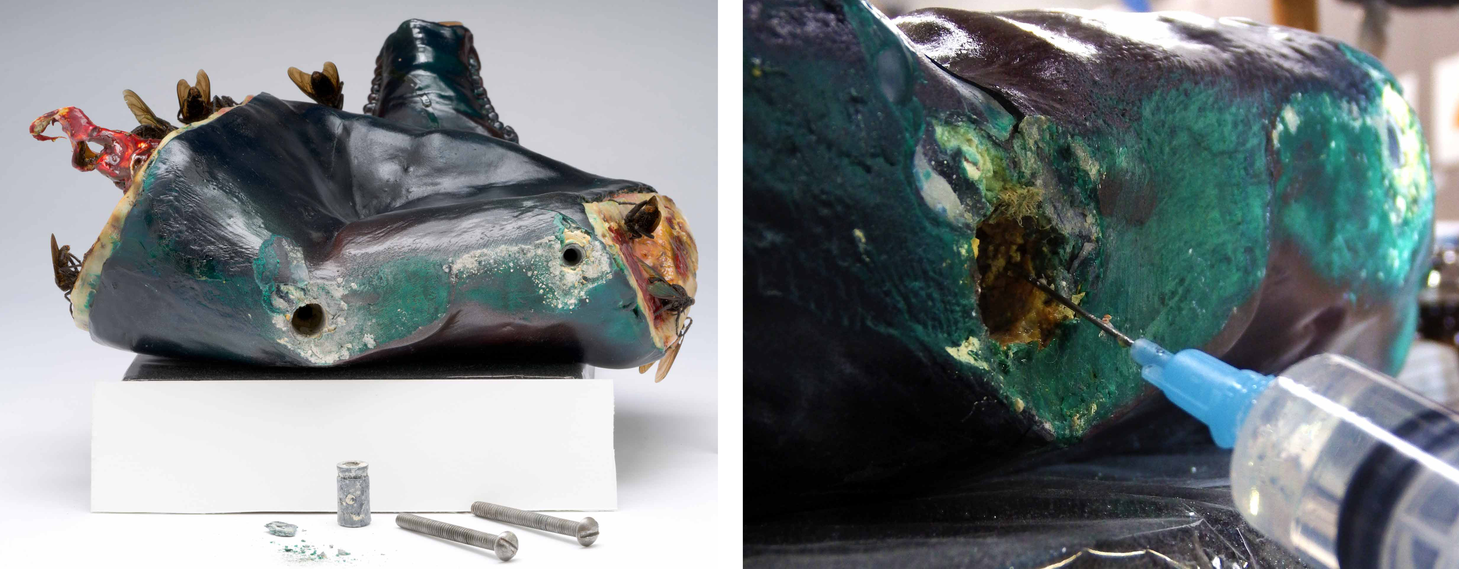 Left: Lead anchor removed. Right: Injecting Acrylic adhesive to stabilize the plaster core. Paul Thek, Untitled (Meat Piece with Flies) (details), 1965, Los Angeles County Museum of Art, The Judith Rothschild Foundation, photo © Museum Associates/LACMA Conservation, by Yosi Pozeilov