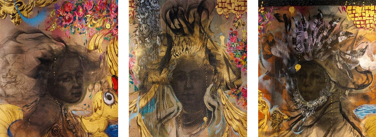 Scherezade García, Harvest of the Sea (details), 2023, acrylic, pigment, charcoal, and ink on linen, 82 1/2 x 162 in, Los Angeles County Museum of Art, purchased with funds through Contemporary@LACMA 2023, © Scherezade García & Praxis, photos: Courtesy of Praxis, New York