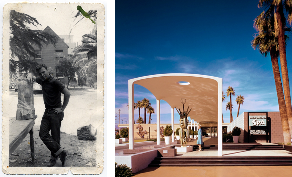 Left: Bernard Zimmerman, 1950s, photo courtesy of Adam Zimmerman; Right: Bernard Zimmerman, Dancing Water Nymphs, 1960, © Bernard Zimmerman, photo by Julius Shulman, photo courtesy of Adam Zimmerman