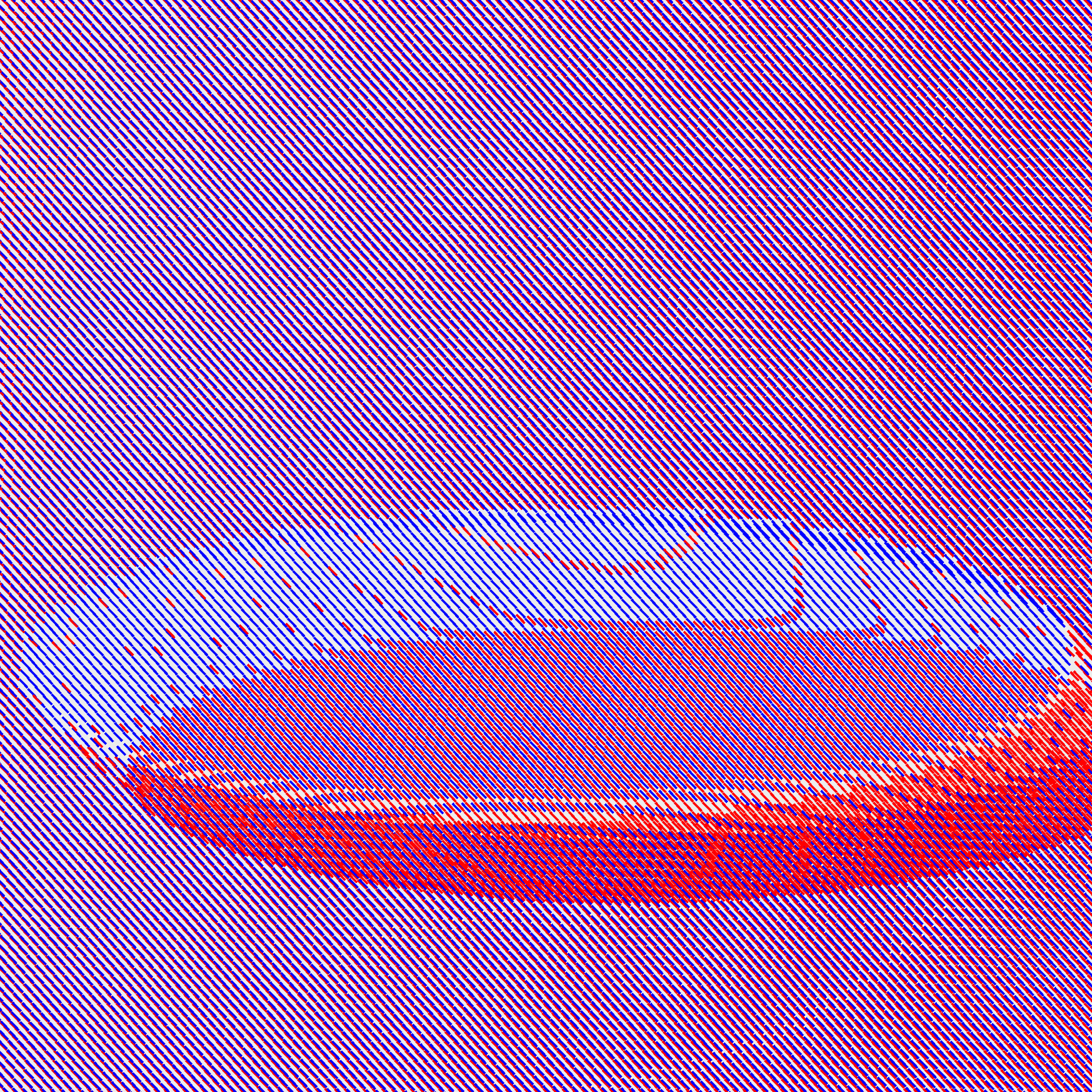 Digital image of a circular band that is red on the bottom and blue on the top against a purple-pink background