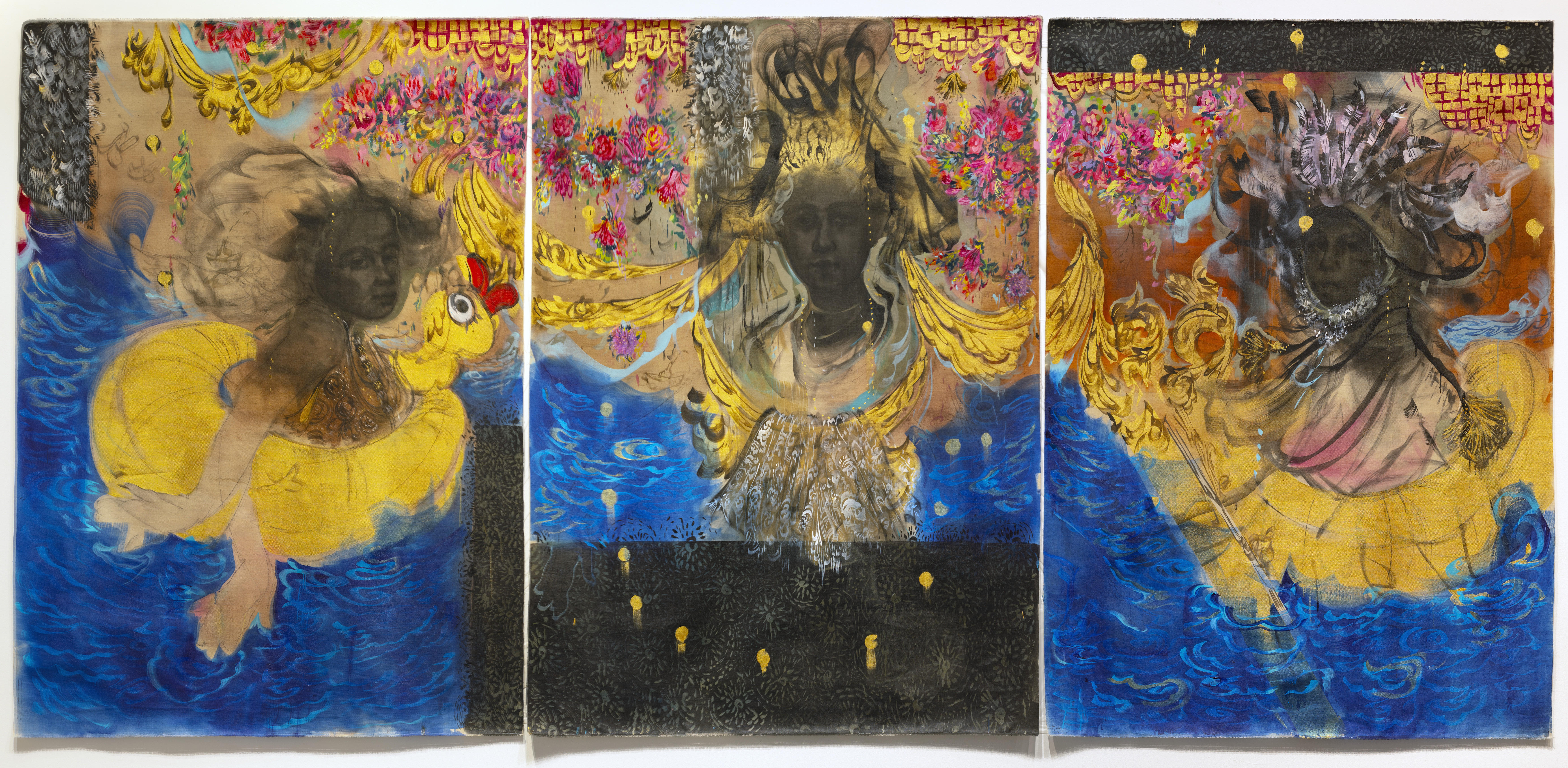 Scherezade García, Harvest of the Sea, 2023, acrylic, pigment, charcoal, and ink on linen, 82 1/2 x 162 in., Los Angeles County Museum of Art, purchased with funds through Contemporary@LACMA 2023, © Scherezade García & Praxis, photo © Museum Associates/LACMA