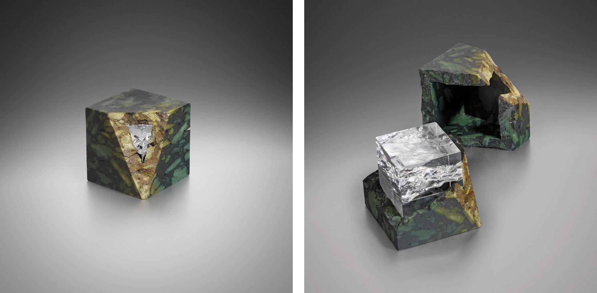 Ben Gaskell, Breakbox with Split Crystal (left: closed; right: open), 2016, serpentino porphyry, rock crystal, Los Angeles County Museum of Art, gift of the 2020 Decorative Arts and Design Acquisitions Committee (DA²) in memory of Peter Loughrey, © Ben Gaskell, photos courtesy Adrian Sassoon, London