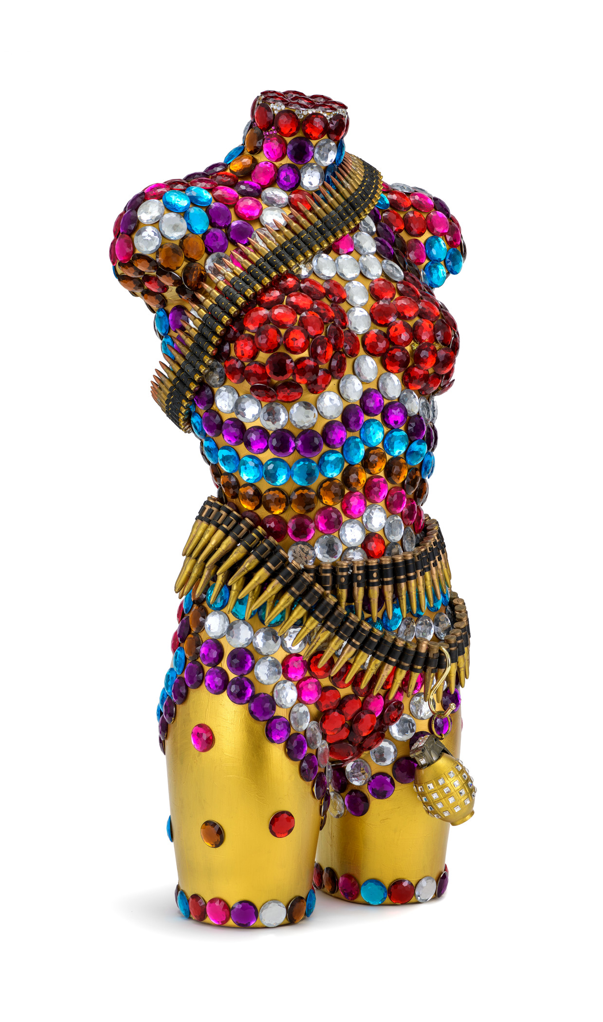 Golden torso sculpture with jewels and weapons