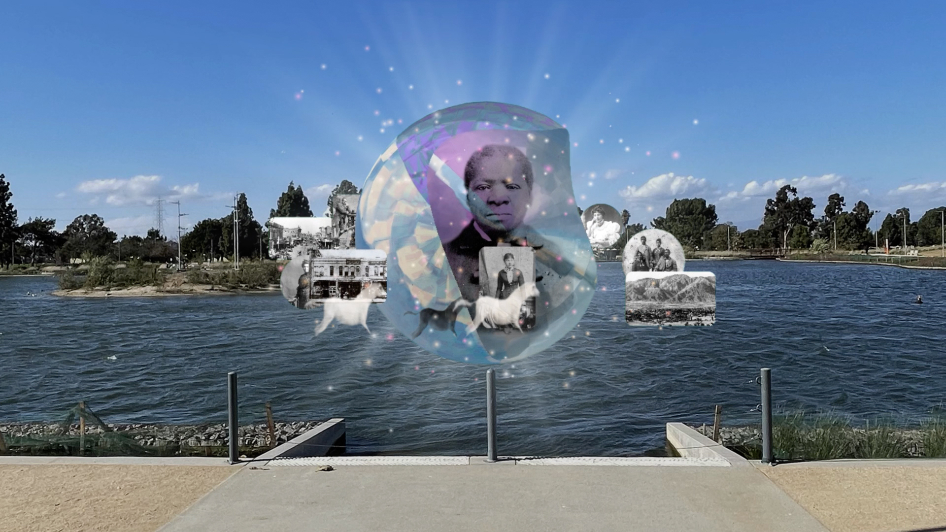 A sphere-like shape with black and white photographs overlaid on it floats in the air by a lake