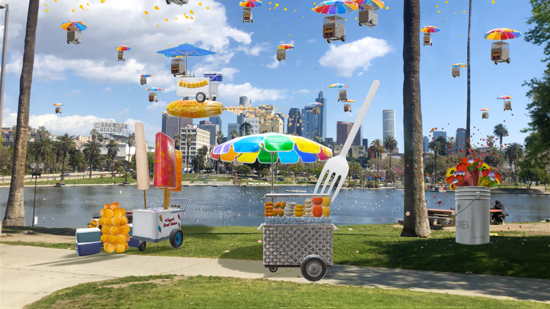Images of street vendor carts with rainbow parasols float above a photo of a lake with highrise buildings in the background 