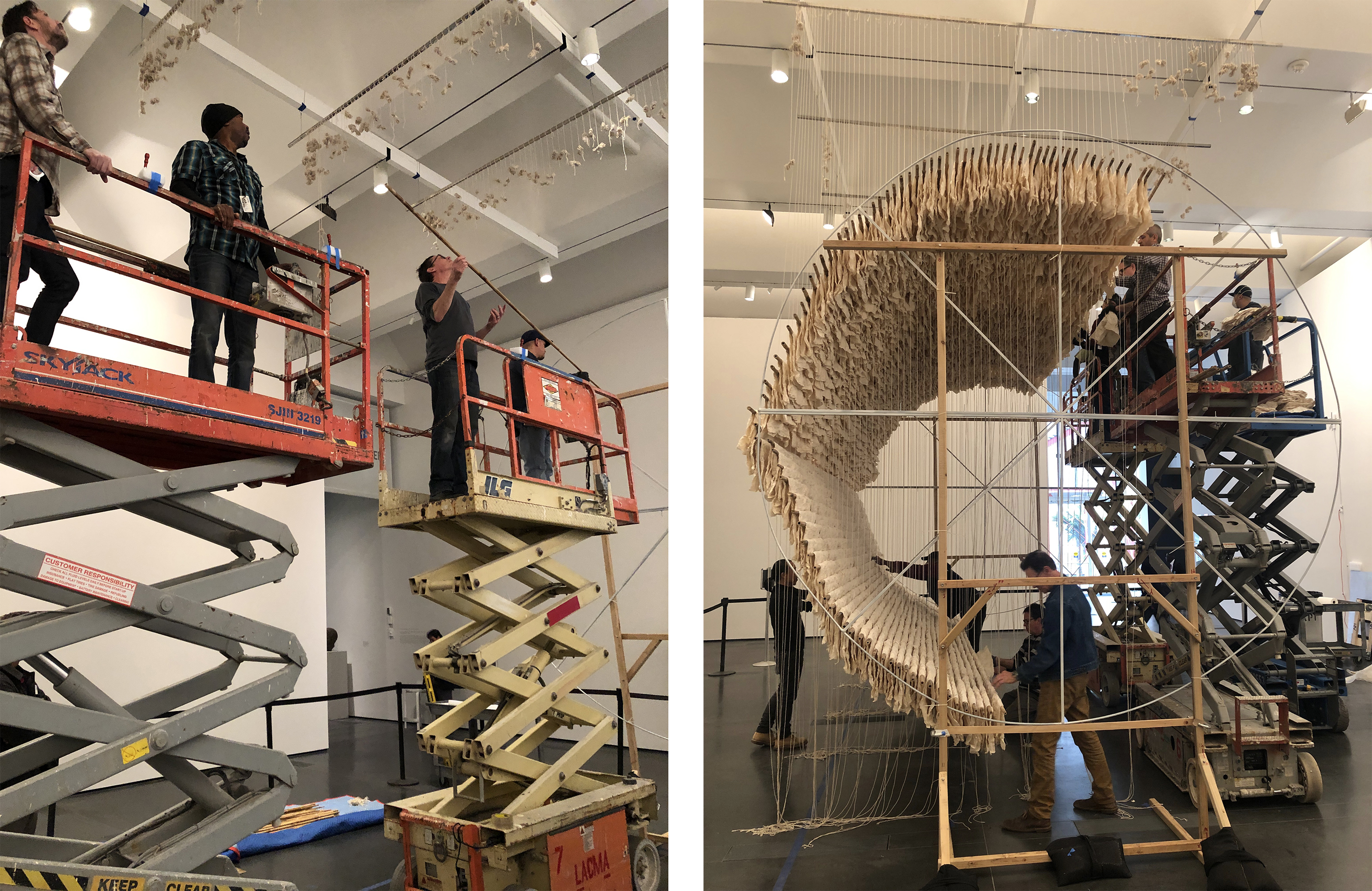 Preparators installing Wave of Materials in LACMA’s Resnick Pavilion 