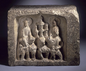 China, Meeting of the Bodhisattvas Manjusri (Wenshu) and Samantabhadra (Puxian), Inscribed with a thirty-four-character dedication, dated 742, middle Tang dynasty, gift of Henry and Ruth Trubner, estate of Hedwig Worch 
