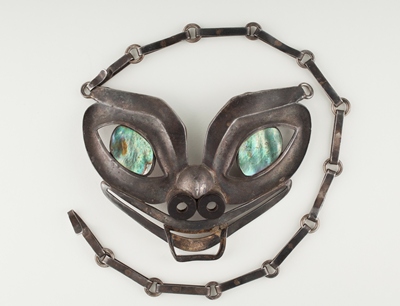 William Spratling, Alaska Mask Necklace, 1949, silver, baleen from either a bowhead or blue whale, Alaskan or pinto abalone, gift of Penny Morrill, McLean, Virginia 