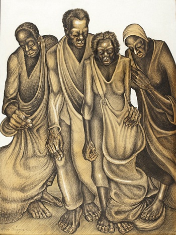 John Biggers, Cotton Pickers, 1947, Los Angeles County Museum of Art, purchased with funds provided by Mr. and Mrs. Thomas H. Crawford Jr. and the Black Art Acquisition Fund, © Estate of John Biggers / Licensed by VAGA, New York, NY, photo © Museum Associates/LACMA