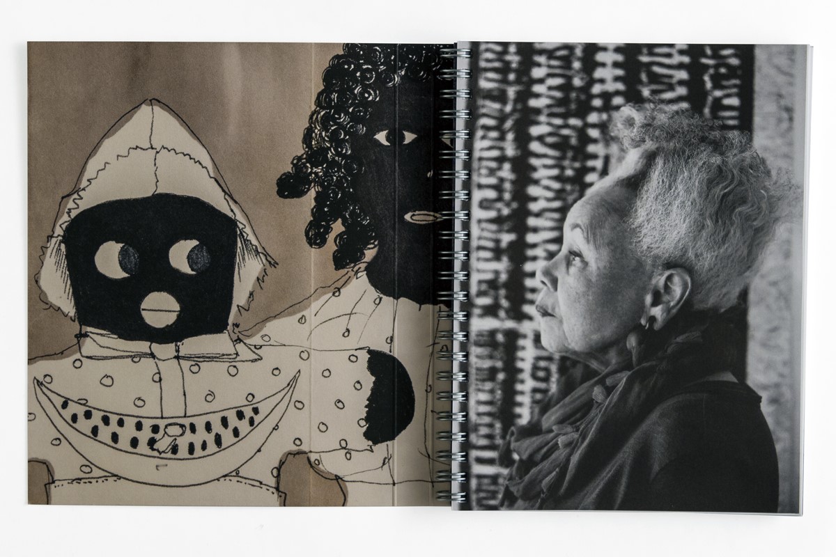 The publication’s inside front cover and p. 1 detailing Saar’s Dolls sketchbook, c. 1968–70 and Ashley Walker's portrait of Betye Saar, 2015, photo courtesy of David Karwan