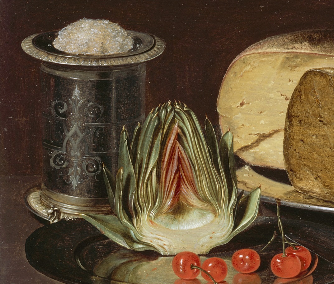 Clara Peeters, Still Life with Cheeses, Artichoke, and Cherries (detail), c. 1625, Los Angeles County Museum of Art, gift of Mr. and Mrs. Edward W. Carter, photo © Museum Associates/LACMA