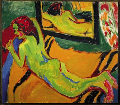 Ernst Ludwig Kirchner, Reclining Nude in Front of Mirror, 1909–1910, Oil on canvas, Brücke‑Museum, Berlin © Ernst Ludwig Kirchner, Courtesy Ingeborg & Dr. Wolfgang Henze-Ketterer, Wichtrach/Bern Photo © Brücke-Museum, Berlin.