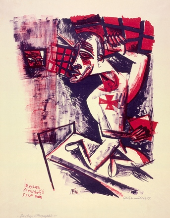 Conrad Felixmüller, Soldier in a Madhouse (Soldat im Irrenhaus), 1918, lithograph printed in red and blue-violet on laid paper, The Robert Gore Rifkind Center for German Expressionist Studies, © Conrad Felixmüller Estate/Artists Rights Society (ARS), New York/VG BILD-KUNST, Bonn
