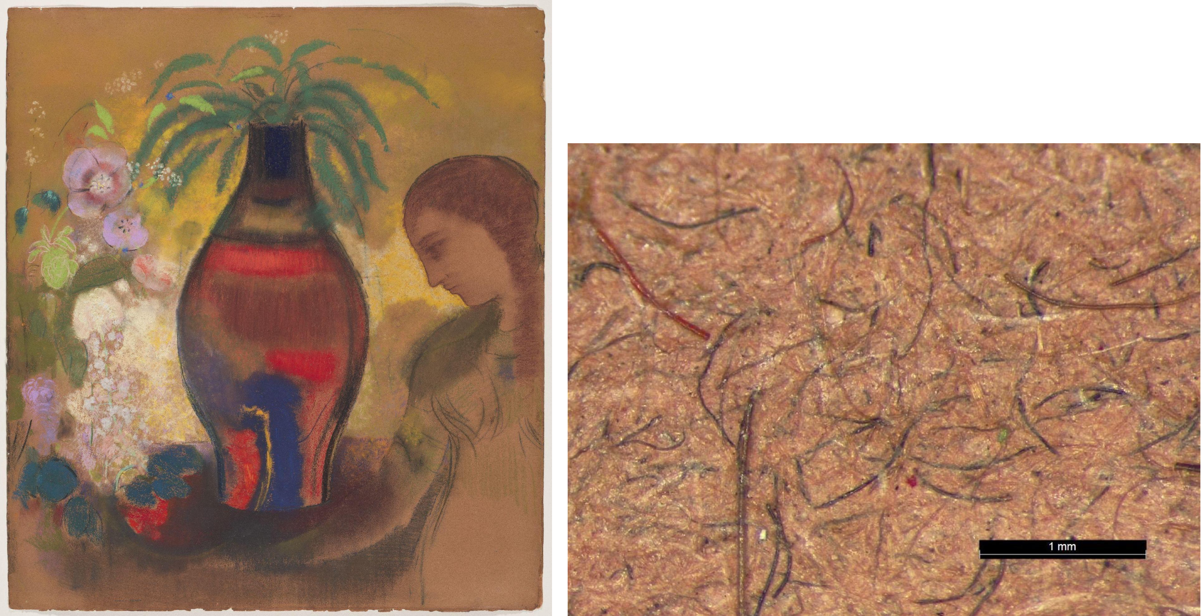Left: Odilon Redon, Vase of Flowers-Large Composition, 1913, pastel on paper, Los Angeles County Museum of Art, Mr. and Mrs. George Gard De Sylva Collection, photo © Museum Associates/LACMA, by Yosi Pozeilov, LACMA Conservation Center; right: Photomicrograph of the pastel’s paper support showing colored fibers and pigment particles, photo © Museum Associates/LACMA