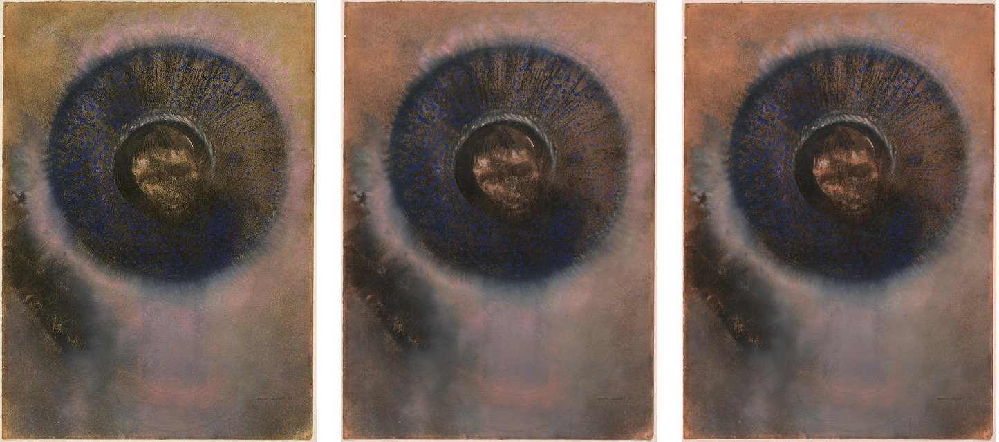 Digital reconstruction series with saturation increasing from left to right of Odilon Redon, Head within an Aureole, about 1894–95, charcoal and pastel with stumping, on pink paper (now discolored). Image: Getty Museum. © J. Paul Getty Trust