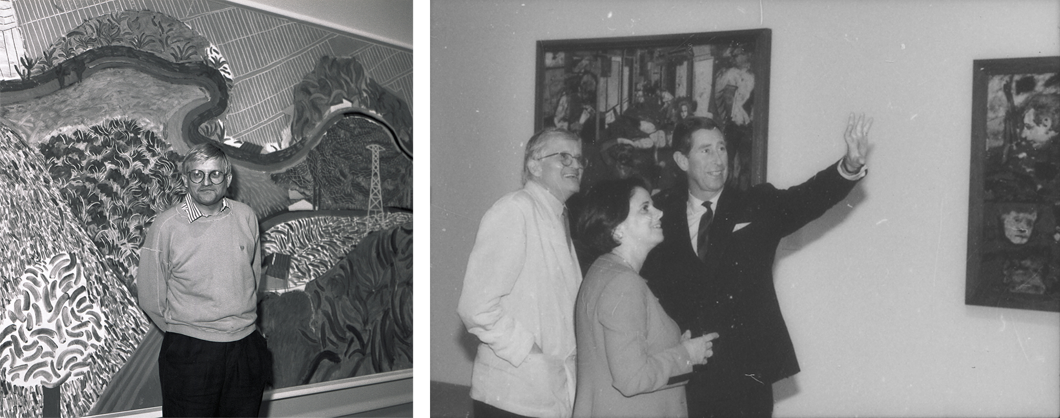 L: David Hockney at David Hockney: A Retrospective at the Los Angeles County Museum of Art, February 4, 1988–January 3, 1989, photo © Museum Associates/LACMA; R: David Hockney, Stephanie Barron, and Prince Charles viewing the R.B. Kitaj retrospective at LACMA, November 3, 1994