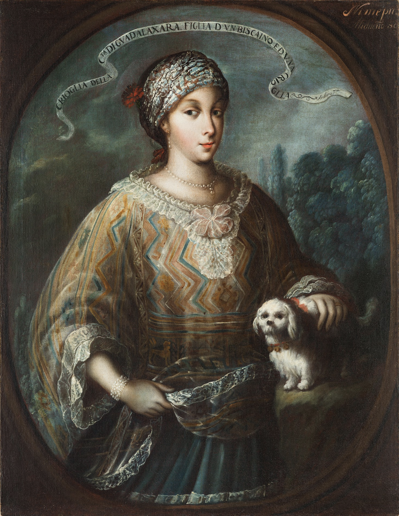 Manuel de Arellano, Creole Woman from the City of Guadalajara, c. 1710, oil on canvas, 42 15/16 × 33 1/4 in. (109 × 84.5 cm), Los Angeles County Museum of Art, gift of the 2025 Collectors Committee with additional funds from an anonymous donor, photo courtesy of Colnaghi, Madrid