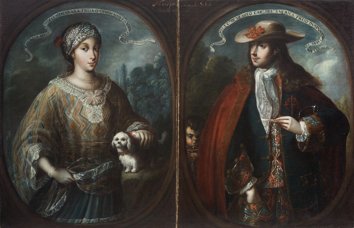 Manuel de Arellano, Creole Woman from the City of Guadalajara and Creole Man from Mexico City, c. 1710, oil on canvas, each 42 15/16 × 33 1/4 in. (109 × 84.5 cm), Los Angeles County Museum of Art, gift of the 2025 Collectors Committee with additional funds from an anonymous donor, photo courtesy of Colnaghi, Madrid