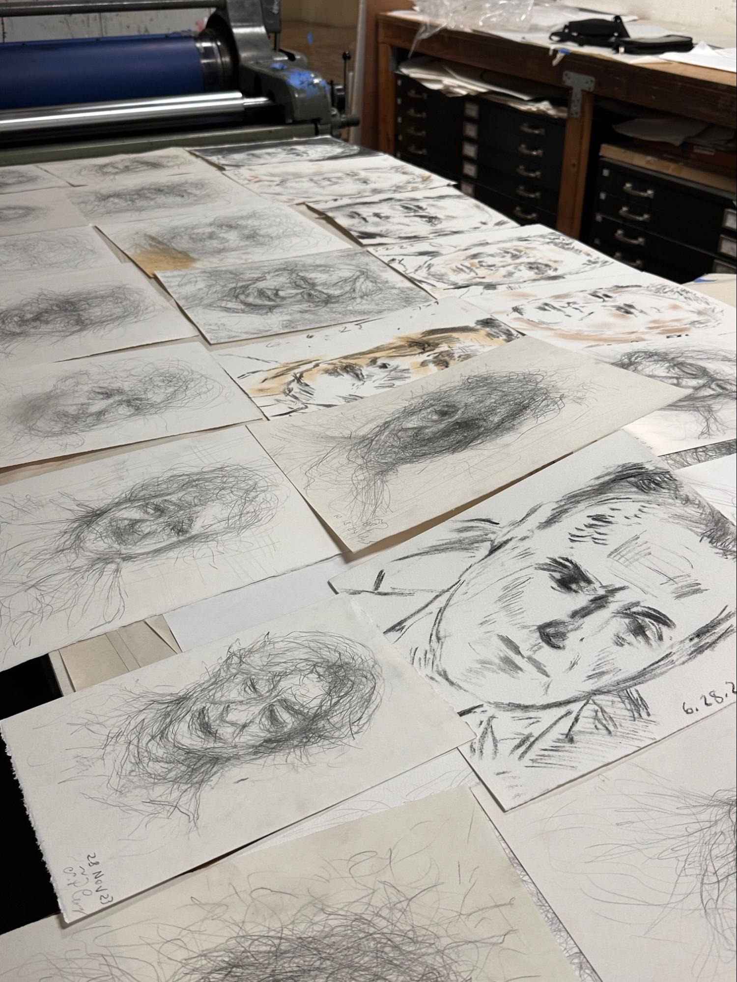 Examples of drawings by Fabián Cereijido and Francesco Siquieros created since their project began, photo © Museum Associates/LACMA, by Claudine Dixon