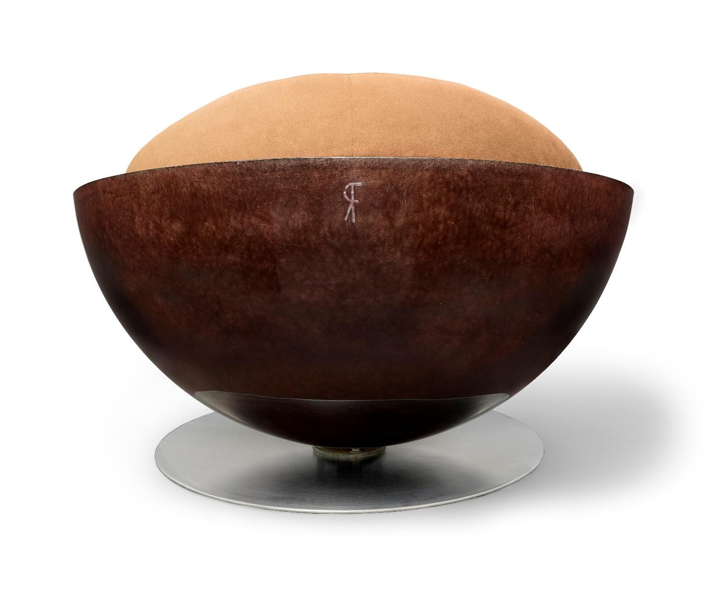 Ricardo Fasanello, Esfera Lounge Armchair, 1968, manufactured 1974, fiberglass, polyester resin, suede, and stainless steel, 35 × 44 1/16 × 44 1/16 in. (89 × 112 × 112 cm), Los Angeles County Museum of Art, purchased with funds provided by the Bernard and Edith Lewin Collection of Mexican Art Deaccession Fund, photo © Museum Associates/LACMA