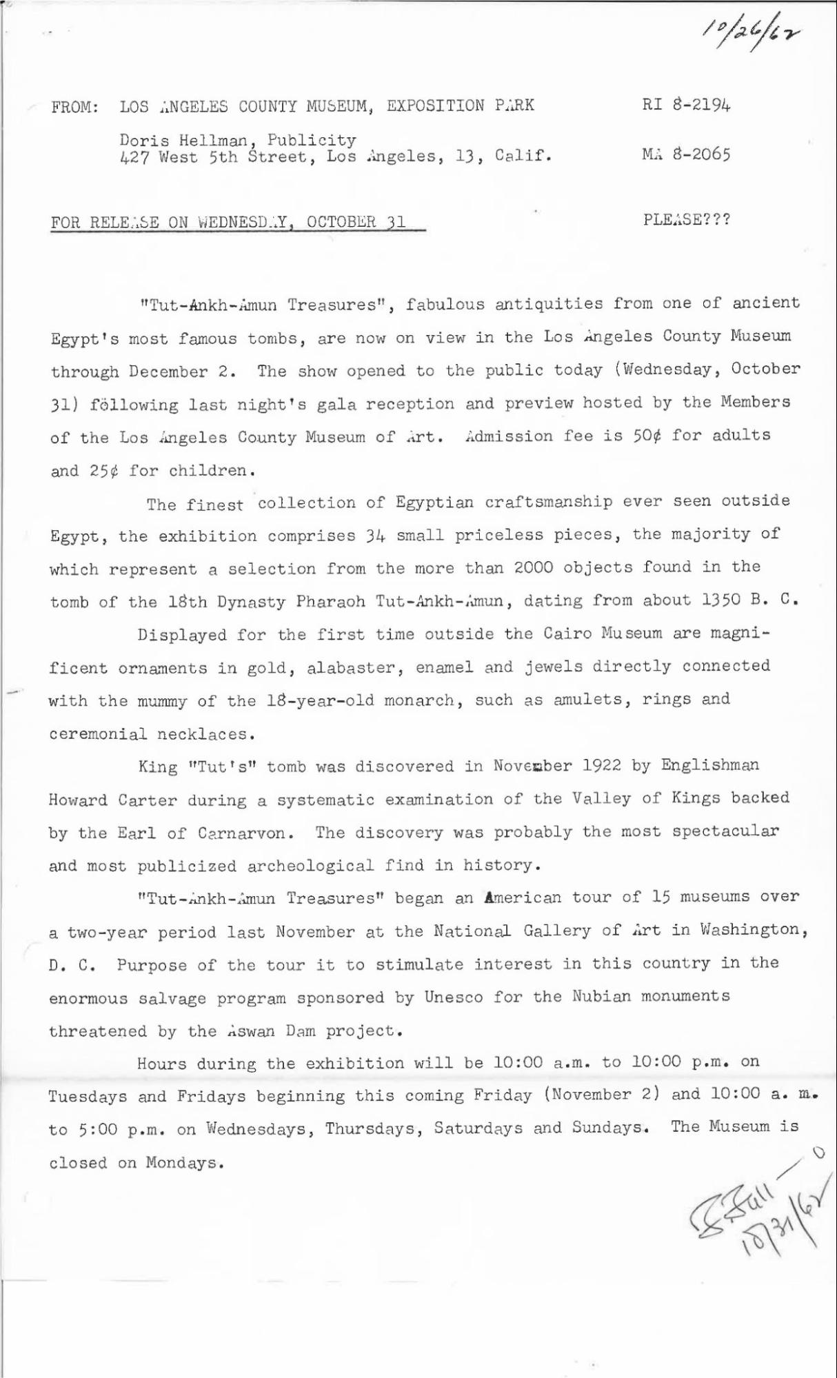 Press release announcing the unpacking of 34 artifacts for Tut-Ankh-Amun Treasures at LACMA, 1962, © Museum Associates/LACMA