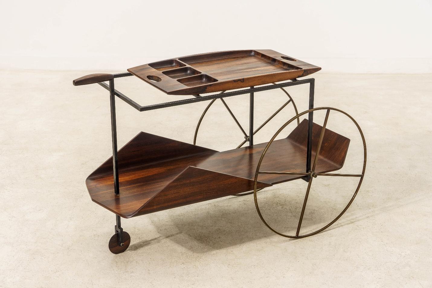 Jorge Zalszupin, Tea Cart, 1959, manufactured 1966, jacaranda wood, iron, and brass, 29 × 19 3/8 × 44 5/16 in. (73.6 × 49.2 × 112.6 cm), Los Angeles County Museum of Art, purchased with funds provided by the Bernard and Edith Lewin Collection of Mexican Art Deaccession Fund, and partial gift of Flavio Rodrigues Santoro, São Paulo, Brazil, image courtesy of Diletante Gallery/Daniel Brito