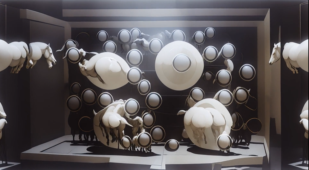 Beeple, Diffuse Control (still), 2025 Abstract circle and horse design