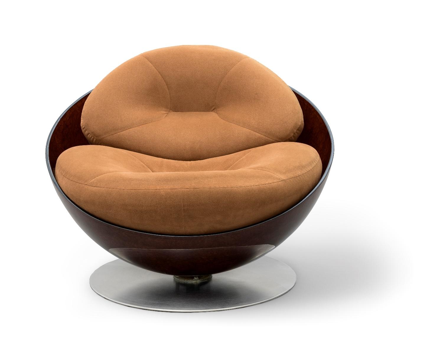 Ricardo Fasanello, Esfera Lounge Armchair, 1968, manufactured 1974, fiberglass, polyester resin, suede, and stainless steel, 35 × 44 1/16 × 44 1/16 in. (89 × 112 × 112 cm), Los Angeles County Museum of Art, purchased with funds provided by the Bernard and Edith Lewin Collection of Mexican Art Deaccession Fund, photo © Museum Associates/LACMA
