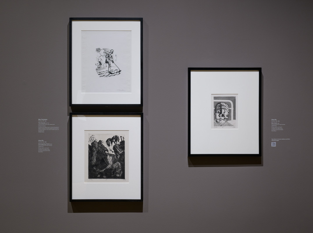Clockwise from top: Max Pechstein, The Amputee, 1917–19, from the portfolio Somme 1916, published 1920, Los Angeles County Museum of Art, The Robert Gore Rifkind Center for German Expressionist Studies, purchased with funds provided by the Ducommun and Gross Acquisition Fund, and the Twentieth Century Art Acquisition Fund, © Pechstein Hamburg/Tökendorf/Artists Rights Society (ARS), New York; Otto Dix, Skin Graft and Disintegrating Trench, both 1924, from the portfolio Der Krieg (The War), both published 1924, Los Angeles County Museum of Art, The Robert Gore Rifkind Center for German Expressionist Studies, © Otto Dix Foundation, photo © Museum Associates/LACMA