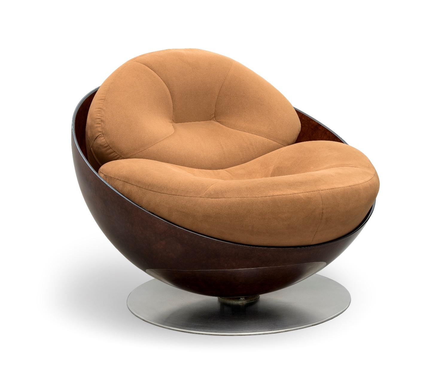 Ricardo Fasanello, Esfera Lounge Armchair, 1968, manufactured 1974, fiberglass, polyester resin, suede, and stainless steel, 35 × 44 1/16 × 44 1/16 in. (89 × 112 × 112 cm), Los Angeles County Museum of Art, purchased with funds provided by the Bernard and Edith Lewin Collection of Mexican Art Deaccession Fund, photo © Museum Associates/LACMA