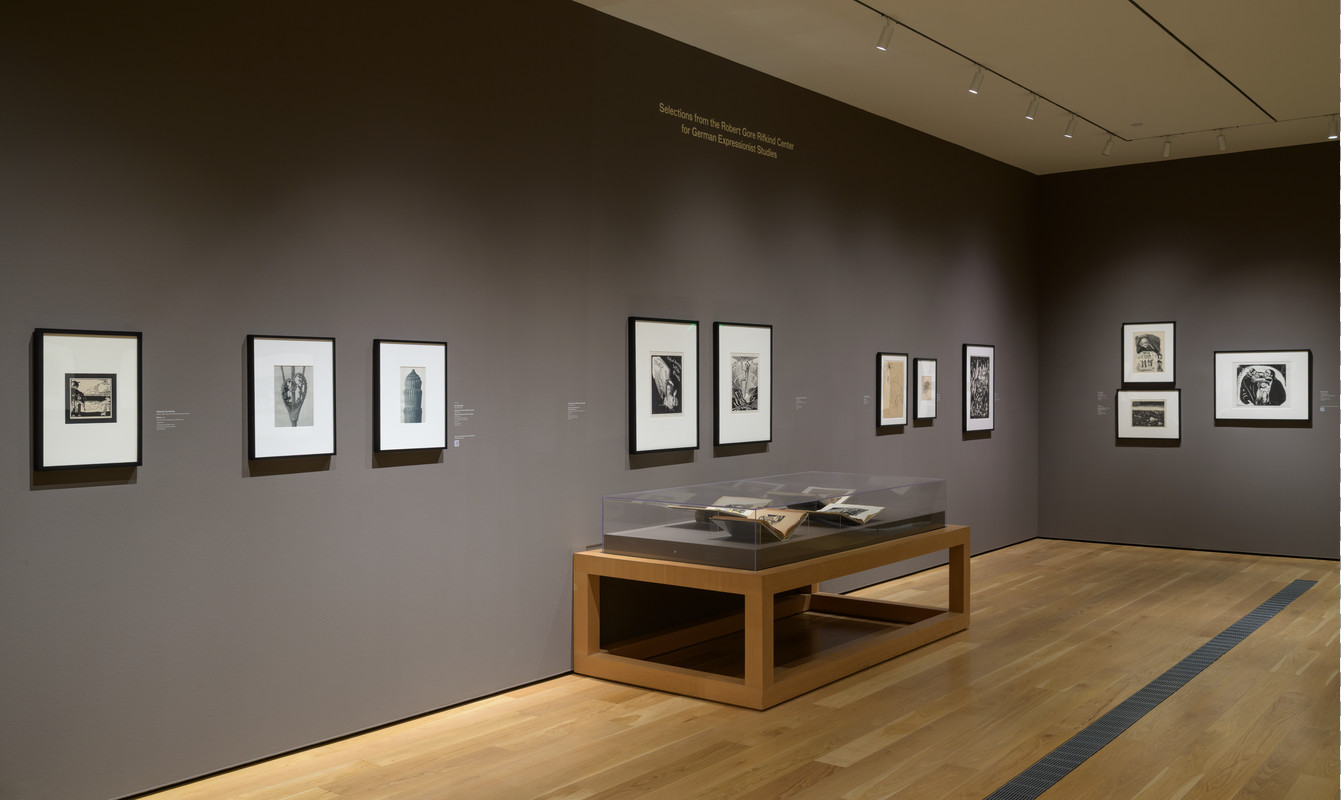 Installation view, Artist Selects: Frances Stark, Periodic Love and Perpetual War, Los Angeles County Museum of Art, June 13–November 9, 2025; At far right: Käthe Kollwitz, The Sacrifice, 1922, from the portfolio Sieben Holzschnitte zum Krieg (Seven Woodcuts on the War), published 1923, The Robert Gore Rifkind Center for German Expressionist Studies, photo © Museum Associates/LACMA