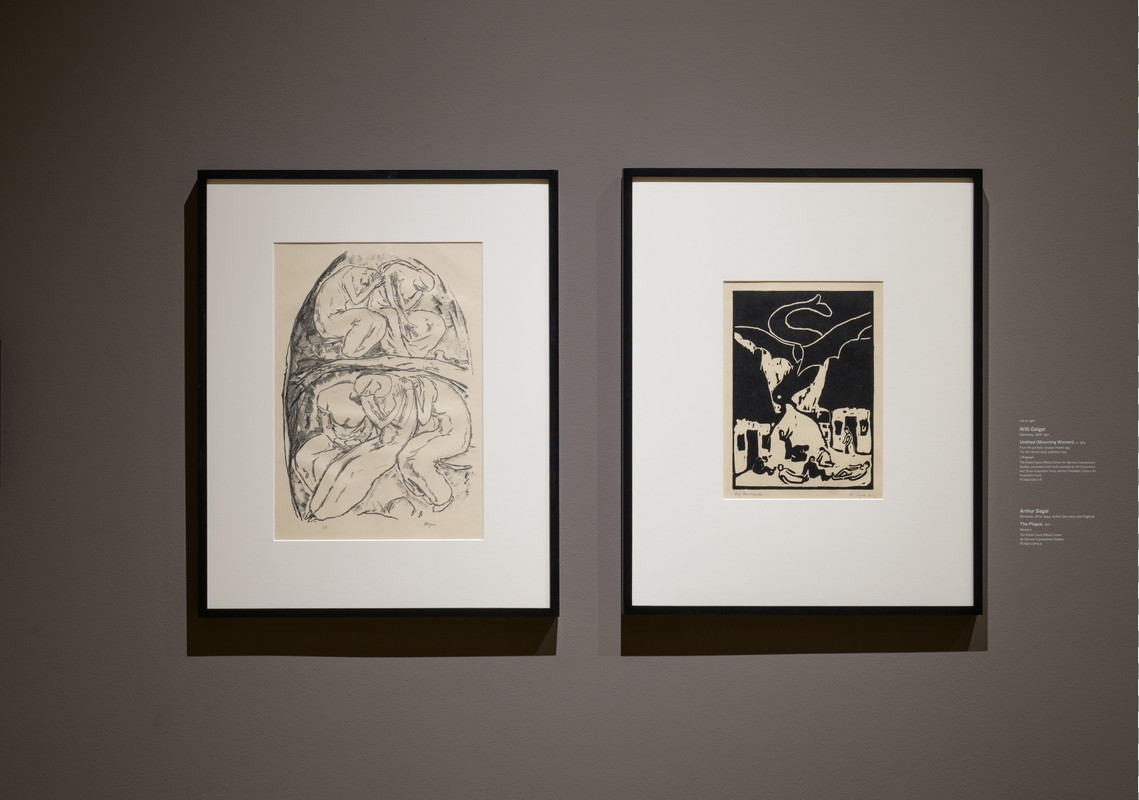 Left: Willi Geiger, Untitled (Mourning women), c. 1914, from the portfolio Unseren Helden (Our Heroes), published c. 1914, Los Angeles County Museum of Art, The Robert Gore Rifkind Center for German Expressionist Studies, purchased with funds provided by the Ducommun and Gross Acquisition Fund, and the Twentieth Century Art Acquisition Fund, © The Estate of Willi Geiger; Right: Arthur Segal, The Plague, 1912, Los Angeles County Museum of Art, The Robert Gore Rifkind Center for German Expressionist Studies, © The Estate of Arthur Segal, photo © Museum Associates/LACMA