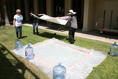 Head of Paper Conservation, Janice Schopfer, overseeing the transfer of the print into the bath.