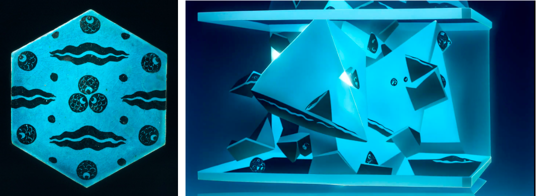 Left: Tile, Syria, Damascus, 1550–1600, Los Angeles County Museum of Art, The Madina Collection of Islamic Art, gift of Camilla Chandler Frost,photo © Museum Associates/LACMA; Right: Beeple, Diffuse Control  (still), 2025