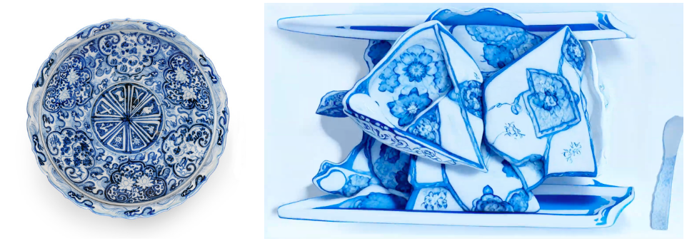 Left: Foliated Platter (Pan) with the Eight Buddhist Symbols (Bajixiang), Flowers, and Waves, China, Jiangxi Province, Jingdezhen, Yuan dynasty, c. 1340–68, Los Angeles County Museum of Art, gift of the Francis E. Fowler, Jr., Foundation and the Los Angeles County Fund, photo © Museum Associates/LACMA; Right: Beeple, Diffuse Control (still), 2025