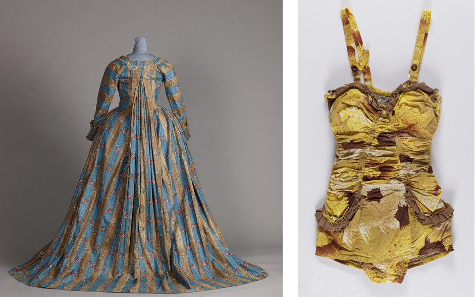 Left: Woman's Dress and Petticoat (Robe à la française), France, 1775–85, Los Angeles County Museum of Art, Purchased with funds provided by Suzanne A. Saperstein and Michael and Ellen Michelson, with additional funding from the Costume Council, the Edgerton Foundation, Gail and Gerald Oppenheimer, Maureen H. Shapiro, Grace Tsao, and Lenore and Richard Wayne, photo © Museum Associates/LACMA; Right: Mary Ann DeWeese, Woman's Swimsuit, c. 1953, Los Angeles County Museum of Art, gift of Esther Ginsberg and Linda Davis in honor of Pam Klein and Maria Giacosie, photo © Museum Associates/LACMA
