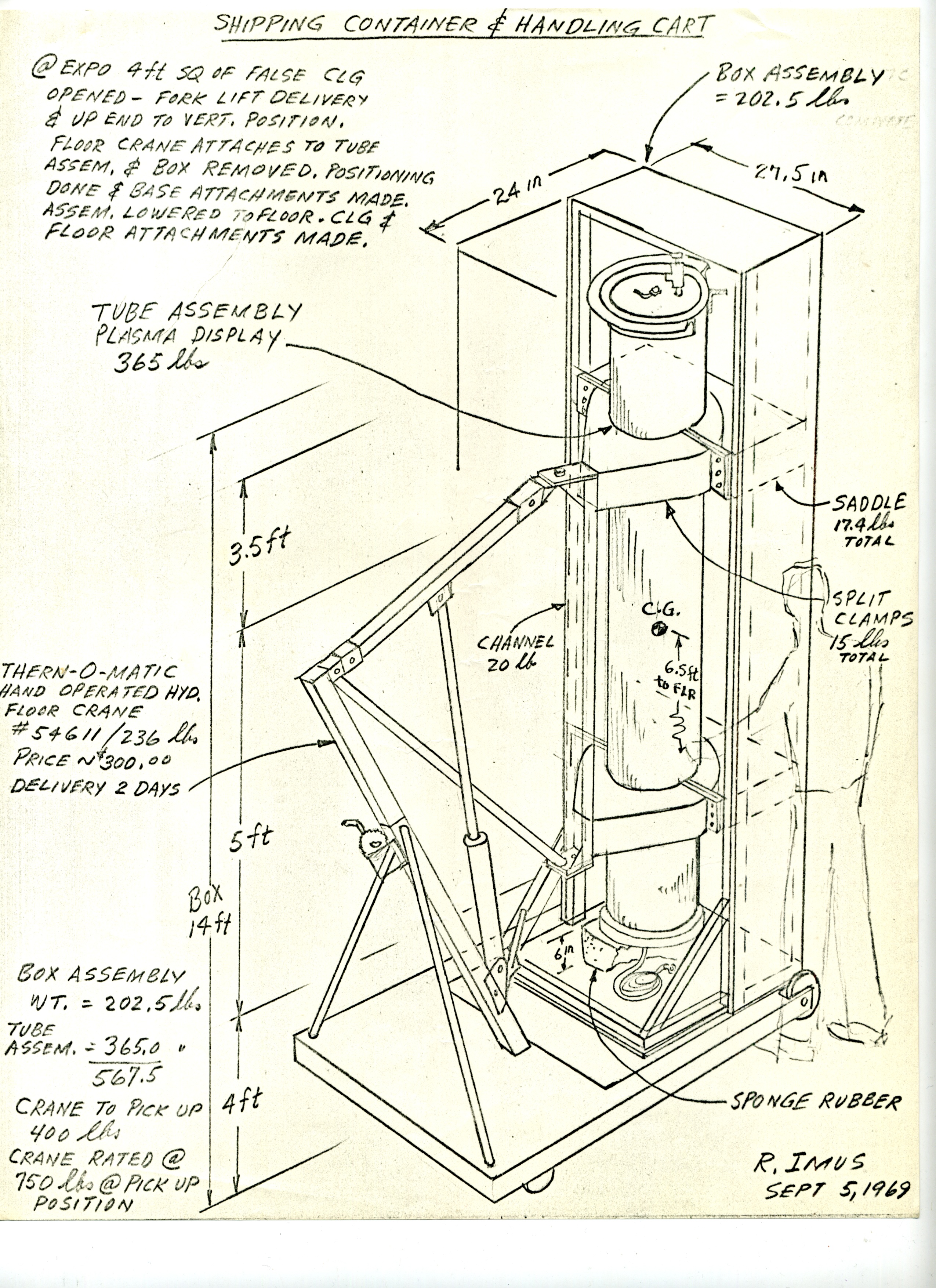 Drawing of shipping container and handling cart made for shipping the gas plasma tubes for Newton Harrison's Art and Technology piece to Osaka, Japan for Expo '70, dated September 5, 1969, Modern Art Department Art and Technology Records, LACMA Balch Art Research Library, MOD.001.001. Click to view full-sized image.