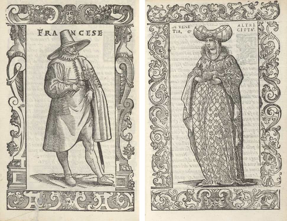 French Man and Venetian Woman, in Cesare Vecellio, De gli habiti antichi, et moderni di diverse parti del mondo (Venice: Damian Zenaro, 1590), book 1, 6 3/4 × 4 1/2 in. (17 × 11 cm), Getty Research Institute, Los Angeles Getty Research Center, Los Angeles