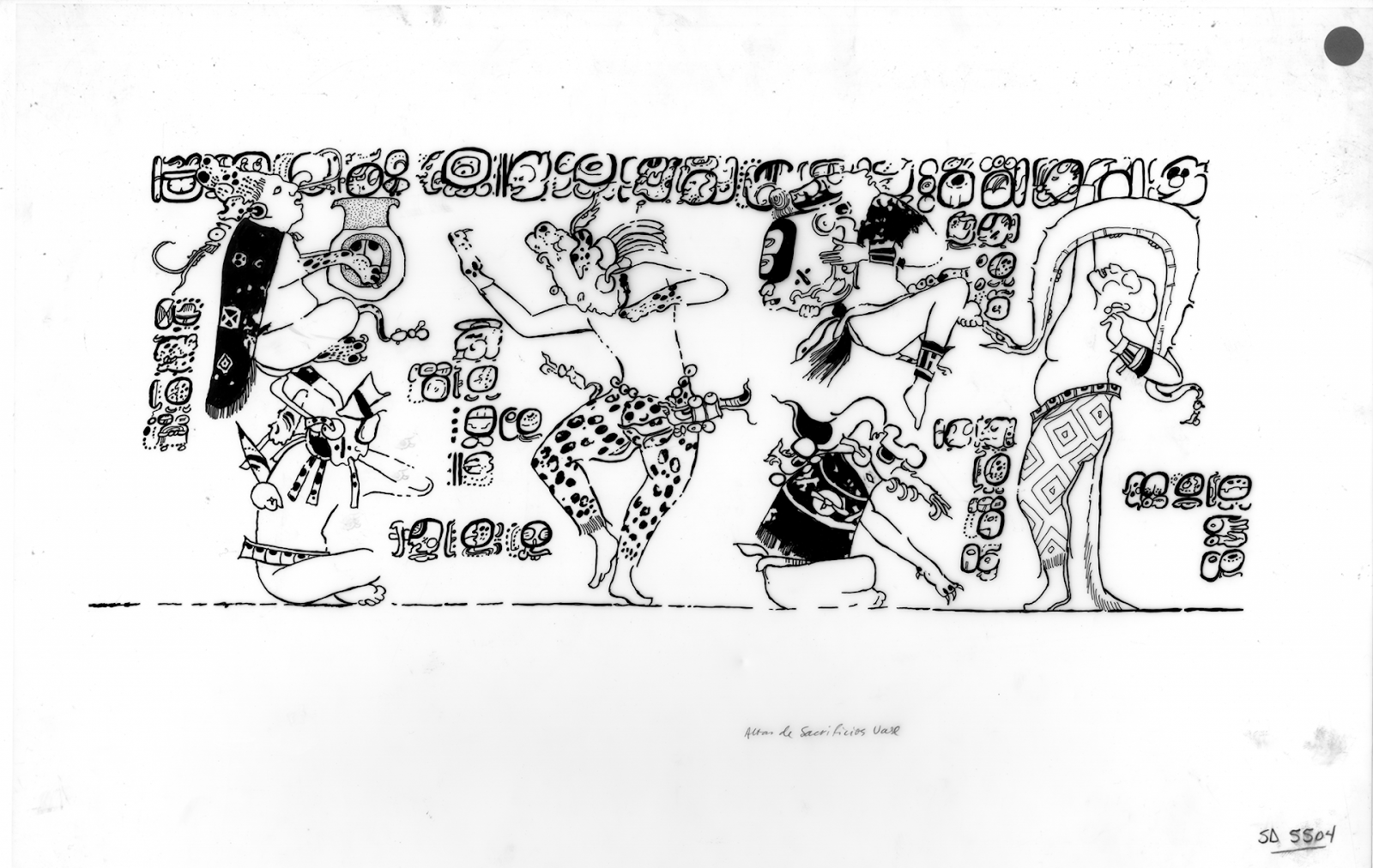 Rollout Drawing of Cylinder Vessel from Altar de Sacrificios Vase Illustrating Six Wahy Dancers, Guatemala, Eastern Peten, drawing by Linda Schele (SD-5504) © David Schele, photo courtesy Ancient Americas at LACMA (ancientamericas.org)